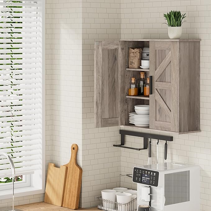 Homleke Bathroom Wall Cabinet, Over Toilet Storage Cabinet with Barn Doors and Adjustable Shelves, 3-Tier Medicine Cabinet Wall Mounted, for Bathroom, Kitchen, Entryway, Laundry Room, Greige, (7.9" D)