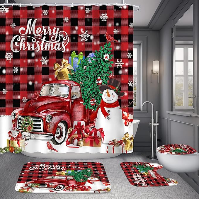 Yizheer Merry Christmas 4Pcs Snowman Waterproof Shower Curtain Set with Non-Slip Rugs, Toilet Lid Cover and Bath Mat, Bathroom Home Decor Set