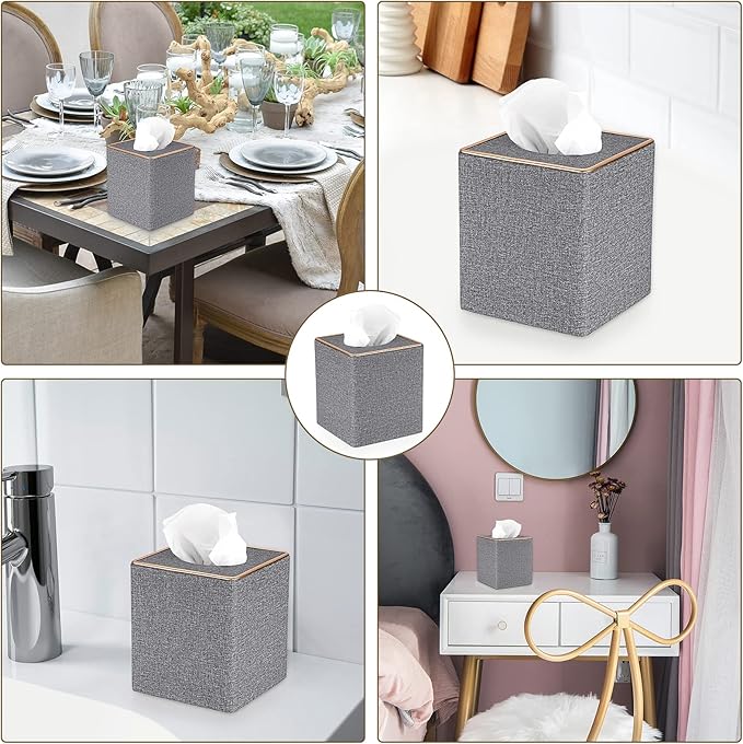Sumnacon Square Linen Tissue Box Cover - Stylish Cube Tissue Box Holder with Magnetic Bottom, Decorative Tissue Box for Vanity Toilet Tank Dresser Night Stand Table Countertop Office Car, Grey