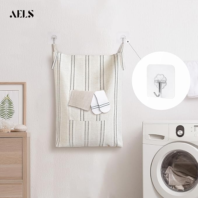 AELS Farmhouse Hanging Laundry Hamper with 2 Hooks, Boho Beige & Black Stripes Laundry Bag with Zipper & Wide Open Top, Over the Door Organizer for Dirty Clothes, Washable Space Saving Storage