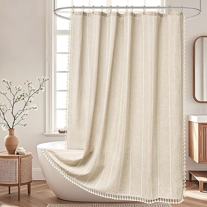 Boho Farmhouse Linen Shower Curtain with Tassels, Heavyweight Soft Fabric Shower Curtain Beige Water Repellent, 72 x 72 Inch Cream Elegant Bathroom Decor Shower Curtains Cotton Striped