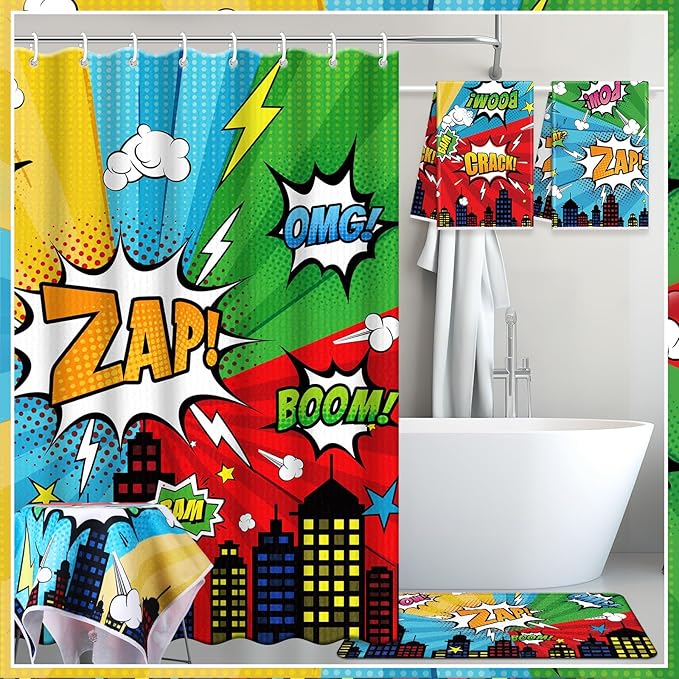 Nuanchu 6 Pcs Hero Themed Shower Curtain Set with Rug Bathroom Sets with Shower Curtain Bath Mat U Shaped Mat Toilet Lid Cover 2 Bath Towels and 12 Hooks Hero Themed Bathroom Decor