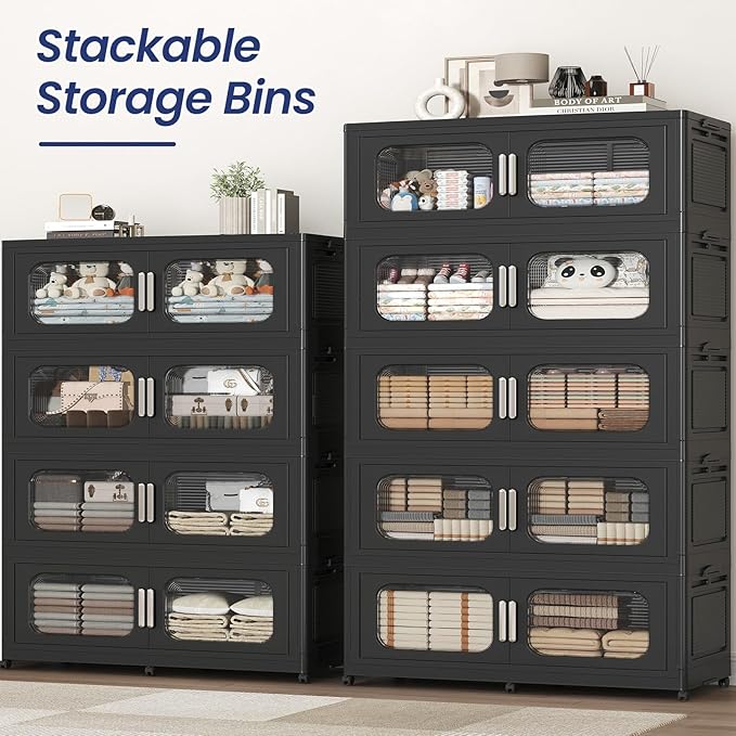 250Gal Extra Large Stackable Storage Bins with Lid & Wheels & Doors, 200QT/50GAL 5-Tiers Collapsible Closet Organizers Plastic Containers Drawers Boxes for Home Kitchen Bedroom, Black