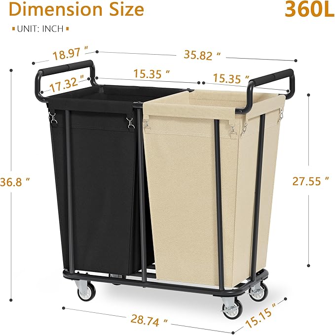 Gewudraw Large laundry hamper with Wheels, 2 Bag 360L Big Rolling Laundry Basket Sorter Cart, Extra Large Laundry Clothes Hamper, Heavy Duty Laundry Basket Organizer for Laundry Room,Bathroom