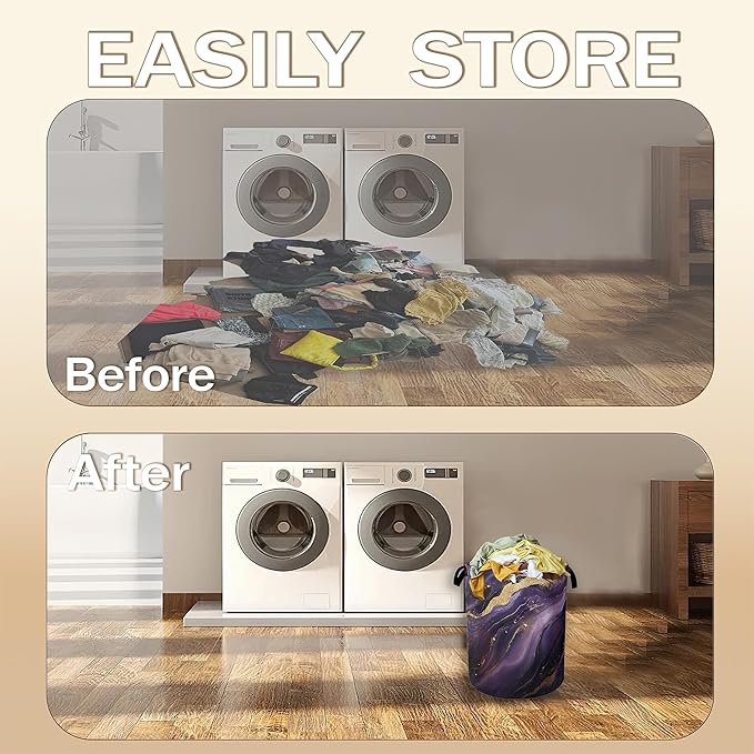 Purple Gold Marble Laundry Hamper,Modern Abstract Collapsible Laundry Baskets,Waterproof Oxford Cloth Laundry Room Organization for Bedroom,Bathroom,Nursery,16x20 Inch