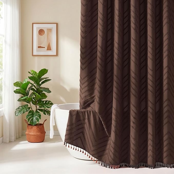 Extra Long Boho Shower Curtain, Woven Fabric 84 in Brown Shower Curtain, 72 x 84, Tufted Chevron Striped Modern Chic Textured Minimalist Bathroom