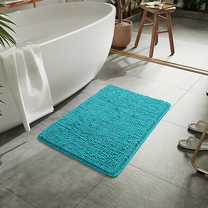 LOCHAS Luxury Bathroom Rug Shaggy Bath Mat 24 x 17 Inch, Washable Non Slip Bath Rugs for Bathroom Shower, Soft Plush Chenille Absorbent Carpets Mats, Teal Blue