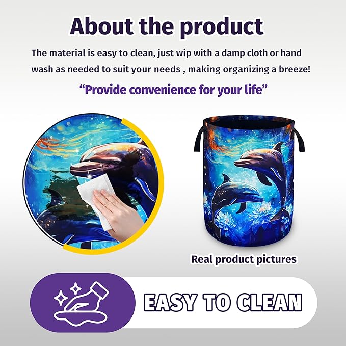 Dolphin Lotus Laundry Basket Ocean Foldable Oxford Cloth With Handle Portable Fish Storage Basket Organizer Suitable For Laundry Room/Living Room/Bedroom/Children'S Room (18.9 X 16.5 Inch)