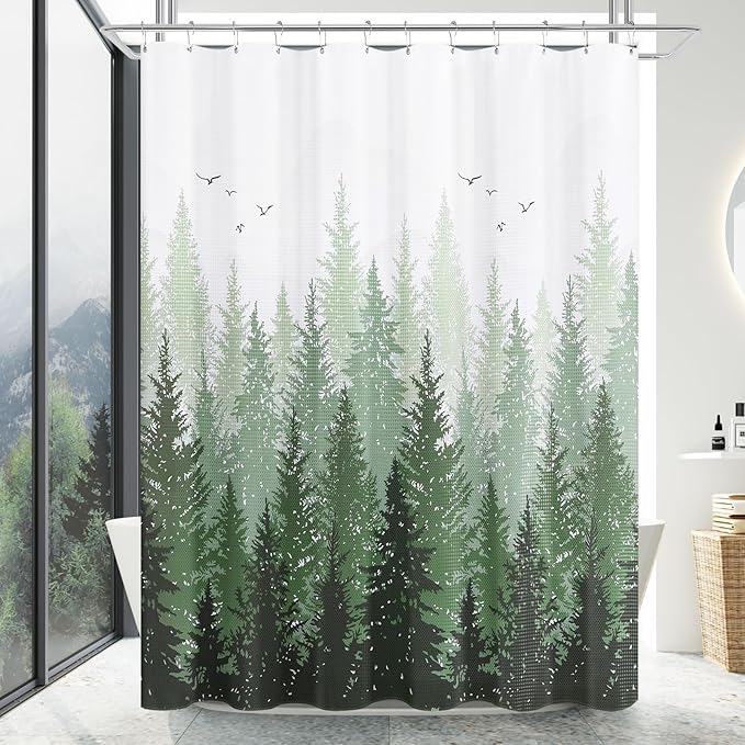 Hokibero Olivie Green Misty Forest Mountain Nature Tree Fabric Shower Curtains for Bathroom Waterproof Heavy Duty Green and White Woohitedland Shower Curtain Bathtubs Hotel, 72 x 78 inch