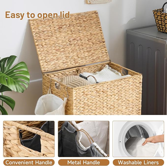 Laundry Hamper with Wheels, 40.92 Gallon(155L) Water Hyacinth Laundry Basket with Lid, 2-Section Wicker Clothes Hamper with 2 Removable Liners, Laundry Sorter with Side Pocket, Natural