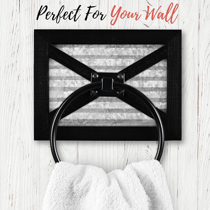 Autumn Alley Farmhouse Decor Hand Towel Ring for Bathroom - Rustic Hand Towel Holder - Rustic Towel Rack Ring Holder, Wall Mounted, Bathroom Decor Towels Mix of Wood, Galvanized Metal, Black Wood