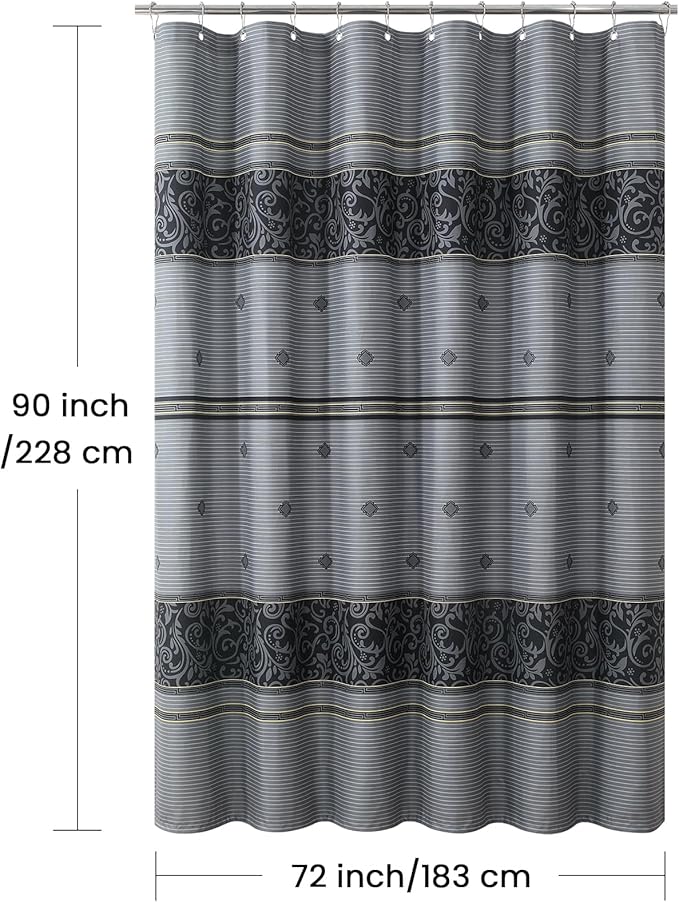 90 Inch Fabric Shower Curtain, Extra Long Grey and Black Print Waterproof Shower Curtains for Bathroom, 72" W x 90" H
