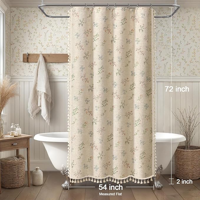 Floral Vintage Linen Shower Curtain, French Country Shower Curtains for Bathroom with Tassels, 54Wx72H