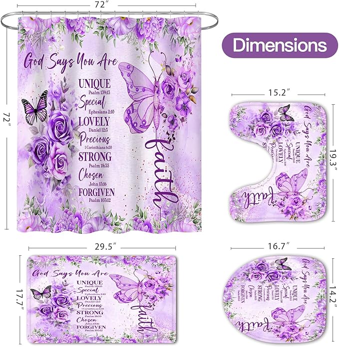 Litabel 4 Pcs Purple Butterfly Inspirational Quotes Shower Curtain Set with Rugs and Toilet Lid Cover, Colorful Boho Waterproof Fabric Bathroom Set, Bible Verse Floral Bathroom Decor Set Accessories