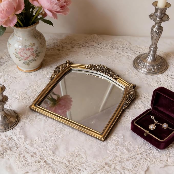Vintage Vanity Desk Mirror -7x8Inch Wall-Mounted & Tabletop Decorative Ornate Gold Accent Retro Makeup Mirror for Bedroom Dresser Living Room Bathroom Dorm Champagne Gold