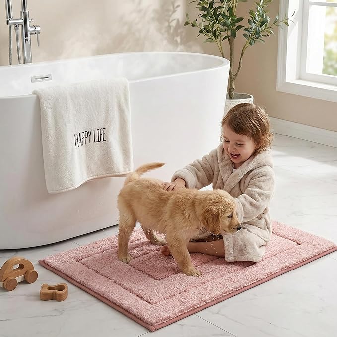 GRANNY SAYS Pink Bathroom Rugs Non Slip Washable, 20x 32, Soft Bath Mats for Bathroom, Microfiber Shag Rug, Absorbent Bath Floor Mat, Small Bath Rug for Shower, Tub