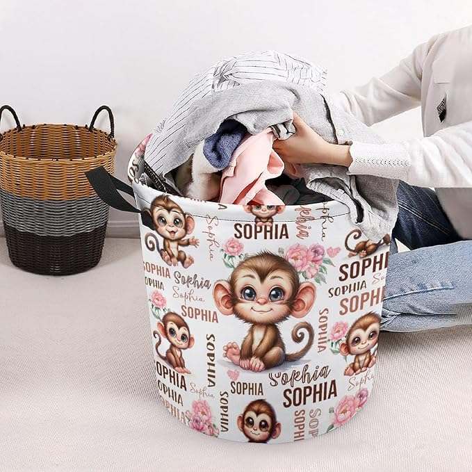 Custom Monkey Laundry Baskets, Personalized Monkey Gifts, Collapsible Laundry Hamper with Name for Kids Adults Home Decoration