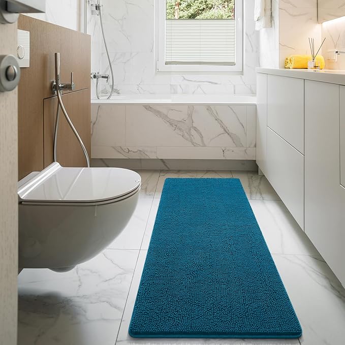 LOCHAS Luxury Bathroom Rug Shaggy Bath Mat 24 x 60 Inch, Washable Non Slip Bath Rugs for Bathroom Shower, Soft Plush Chenille Absorbent Carpets Mats, Peacock Blue