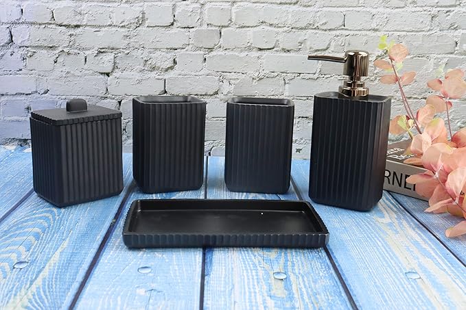 Hymmah Black Bathroom Accessories Set,Unique Design Bathroom Set 5 Pcs Resin Gift Set Apartment Necessities, Contain Cotton Swab Jar,Soap Dispenser,Soap Dish/Tray,Tumbler