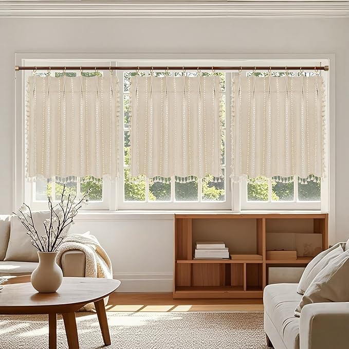 Beige Boho Farmhouse Window Curtain with Tassels, 30 x 36 Inch Light Filtering Sheer Short Cafe Window Curtain Tier, Linen Textured Pleated Small Window Drape for Kitchen or Bathroom, 1 Panel