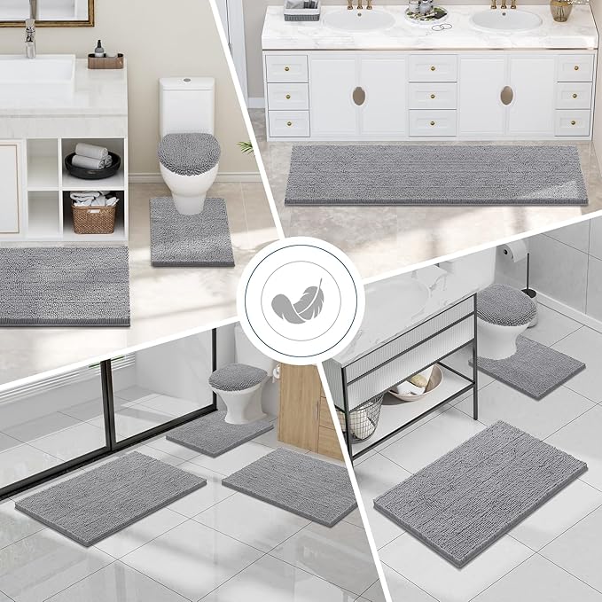 Smiry Luxury Chenille Bathroom Rugs 50x30, Extra Soft and Absorbent Shaggy Bath Mat, Machine Washable, Non-Slip Plush Carpet Runner for Tub, Shower, and Floor, Home Decor Accessories, Grey