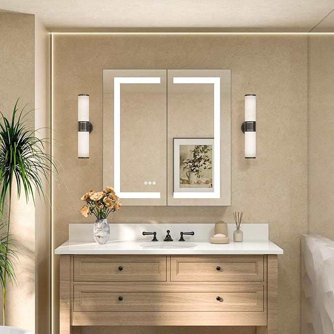 TETOTE 30 x 32 Lighted Medicine Cabinet Mirror for Bathroom with LED Lights, 2 Door Tempered Glass Recessed or Surface Mount Mirrored Cabinet, Outlets & USB, 3-Color Dimming, Defog, Adjustable Shelf