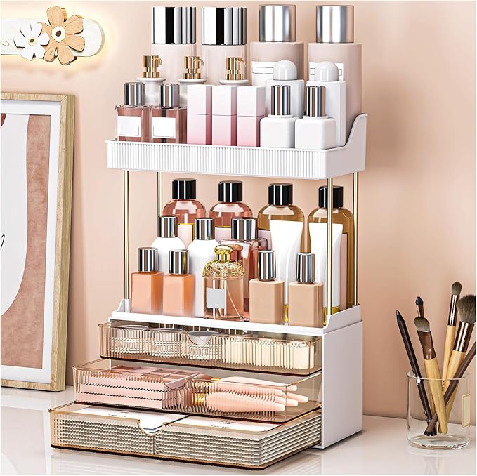 2 Pack Bathroom Organizers and Storage - 3 Drawers 2 Tier Makeup Organizer, Cosmetic Storage Drawer for Dresser Countertop and Bathroom Vanity for Large Skincare, Perfume, Amber