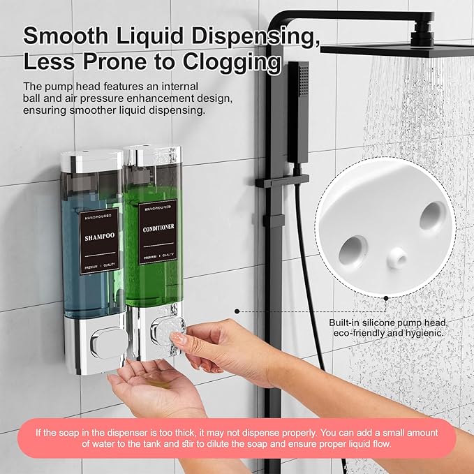Shampoo and Conditioner Dispenser – Wall-Mounted Shower Soap Dispenser, No-Drill Installation, Lockable, 900 ml Capacity,for Bathroom & Hotel or Airbnb (Electroplated Silver, 2-Pack)