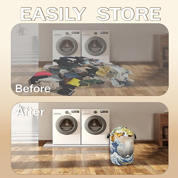 Laundry Hamper,Vintage Sea Wave Laundry Basket,Japanese Portable Collapsible Laundry Room Organization Storage for Dorm Room,Nursery,Bathroom,Bedroom,16x20 Inch