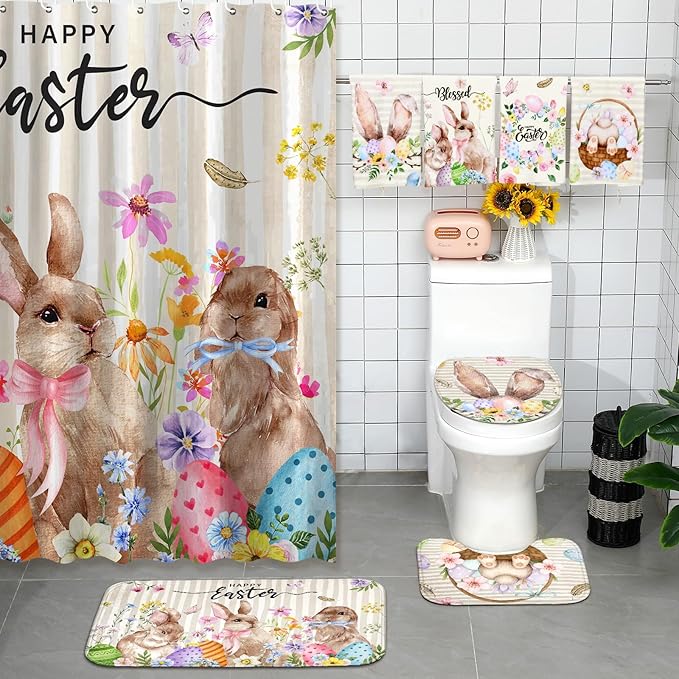 FuWeave 8 Pcs Happy Easter Shower Curtain Set for Bathroom Include Spring Floral Bunny Egg Shower Curtain Towels Non Slip Rugs Toilet Lid Cover Bath Mat and 12 Hooks for Bathroom Decor