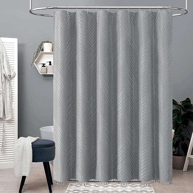 BTTN 72x96 Shower Curtain - Extra Long Boho Tufted Leaves Textured Striped Tassel Shower Curtain Set with 12 Hook, Modern Farmhouse Vintage Country Aesthetic Shower Curtains for Bathroom, Grey/Gray
