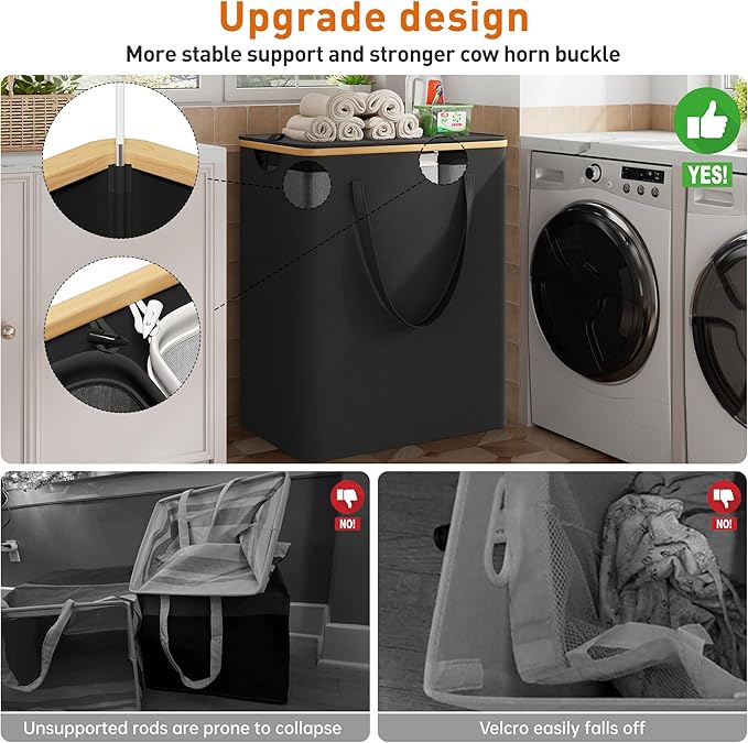 170L Laundry Hamper with Lid 3 Section, Extra Large Laundry Basket with 3 Removable Bags, Laundry Basket Organizer for Bedroom, Laundry Room, Dorm, Clothes Hamper, Black