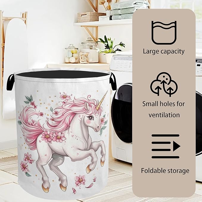 Unicorn Pink Foldable Canvas Laundry Basket with Handles - Toy Organizer, Heavy Duty for Home,Bedroom, Dorm, Bathroom