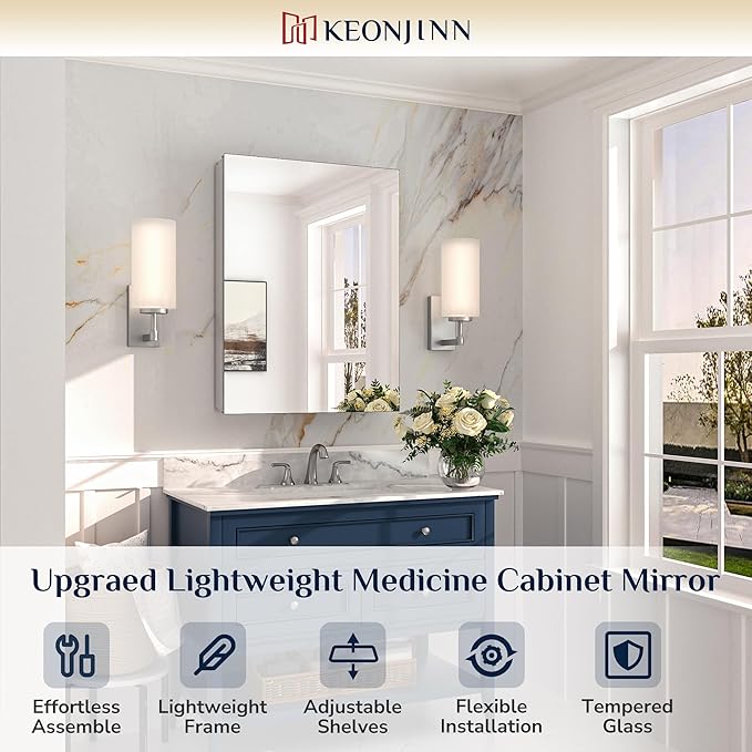 Keonjinn 24 x 32 Inch Silver Medicine Cabinet for Bathroom with Mirror, Assembly Required, Wall Mount or Recessed, Free Adjustable Shelves, Tempered Glass, Lightweight