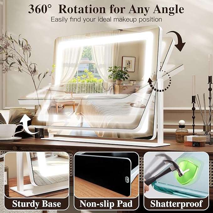 17" x22" Vanity Mirror with Lights, LED Makeup Mirror with Lights, 10X Magnification Mirror Makeup with 360°Rotation, 3 Color Modes& Dimmable,Light up Makeup Mirror for Vanity Desk, Travel, White