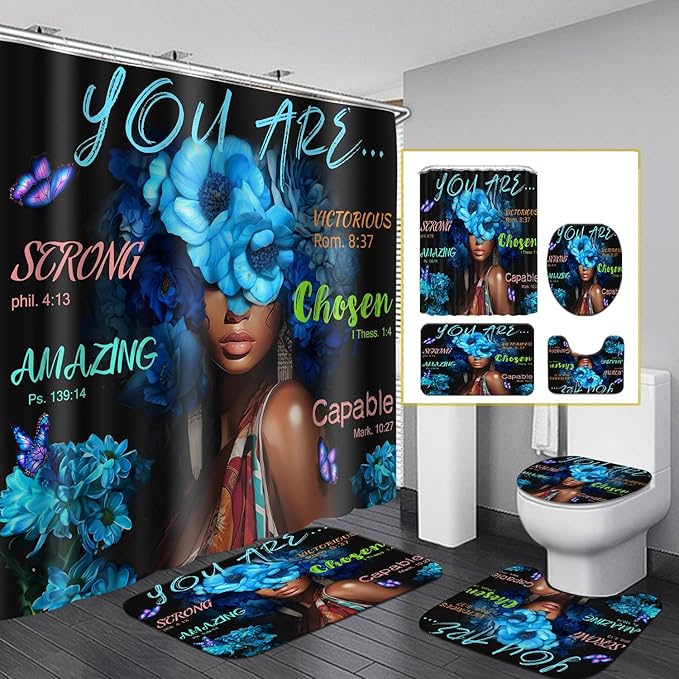 Black African Flower Woman Shower Curtain Set, Blue Art Words Bathroom Set with Shower Curtain and Rugs, Toilet Lid Cover, Bath Mat,Waterproof Fabric Shower Curtains and Hooks for Bathroom