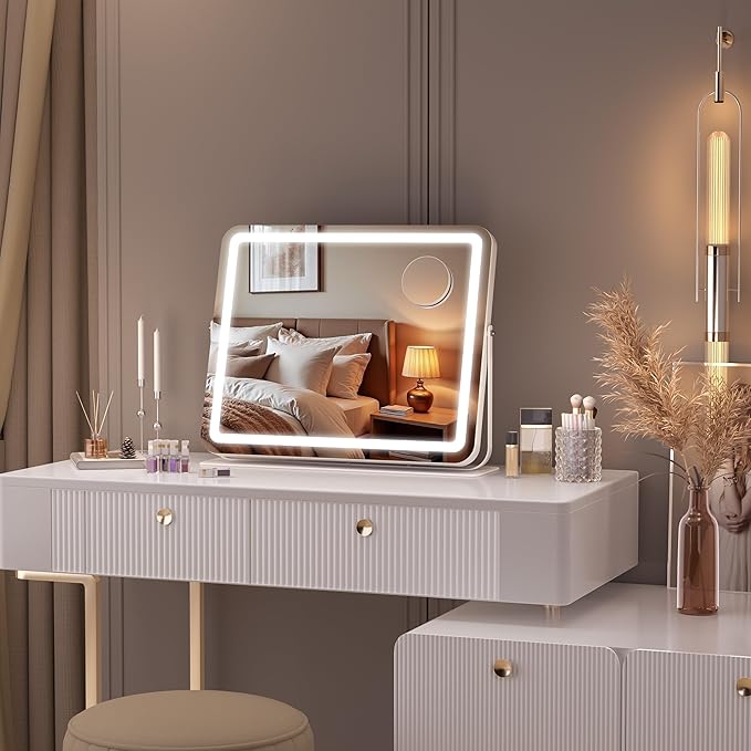 MINISO Vanity Mirror with Lights, 18" x 14" LED Makeup Mirror, Light & Brightness Adjustment, Smart Sensor, 360°Rotation, Aluminum Alloy Metal White Frame, with 10X Magnifying Glass