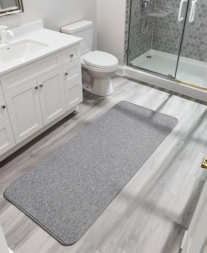 Bath Mat,Ultra Thin Bathroom Runner Rugs,Large Bath Mats for Bathroom,Quick Dry,Non-Slip,Machine Washable,Low Pile,Bath Rug,Shower Outside,Sink,Home Decor Accessories.Grey,2'x5'(24x60inch)