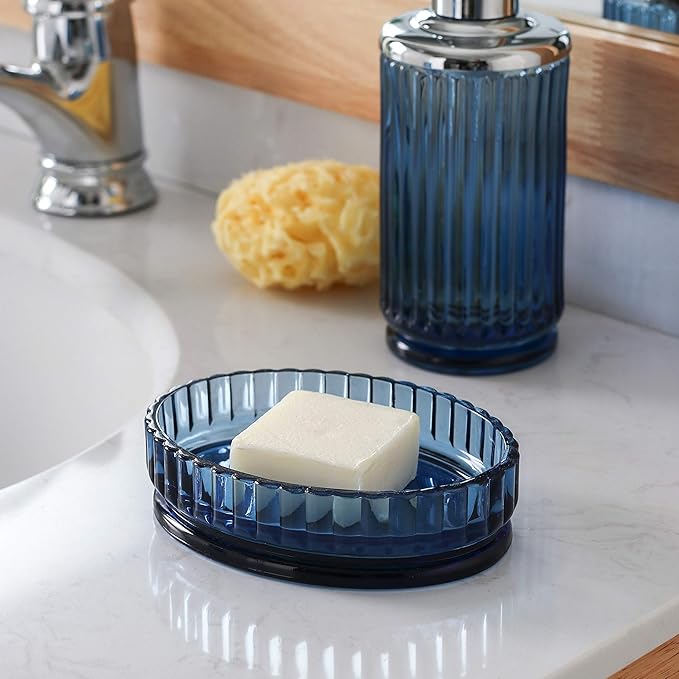 4PCs Heavy Weight Decent Blue Glass Bathroom Accessories Set with Decorative Pressed Pattern - Includes Hand Soap Dispenser & Tumbler & Soap Dish & Toothbrush Holder (Cobalt Blue)