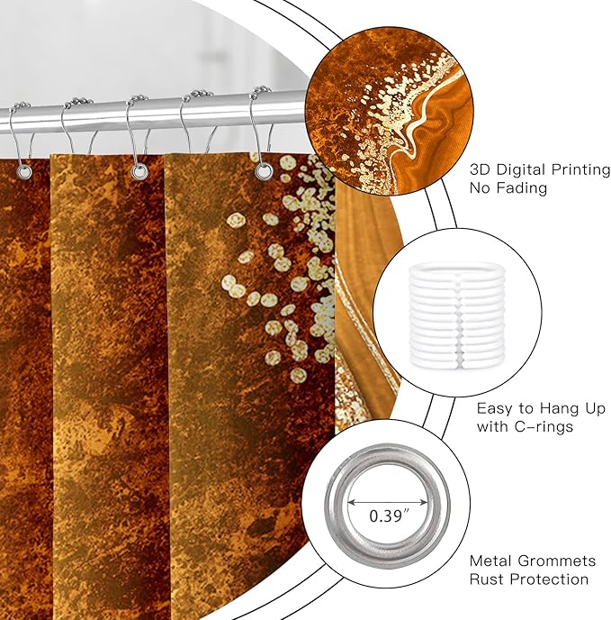 4PCS Orange Marble Shower Curtain Sets with Rugs, Abstract Bathroom Sets with Shower Curtain and Rugs, Modern Bathroom Curtains Shower Set with Toilet Lid Cover Accessories for Bathroom Decor