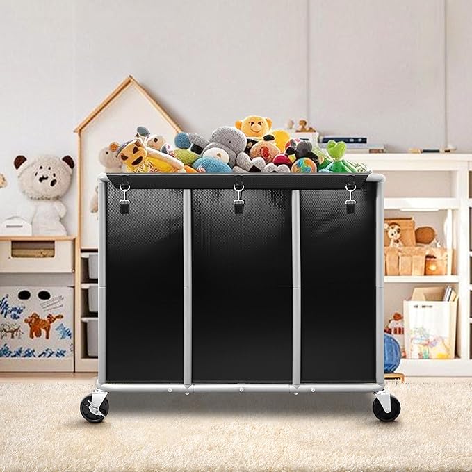 STORAGE MANIAC Commercial Laundry Cart with Wheels 420L Sturdy Steel Frame Heavy Duty Rolling Laundry Hamper on Wheels Big Laundry Basket with Removable Waterproof Liner Bag, 400 lbs Load, Black