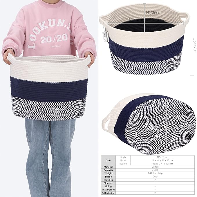 Sea Team Oval Large Cotton Rope Woven Storage Basket with Handles, Diaper Caddy, Baby Shower Basket, Nursery Nappies, Clothes Toys Organizer for Kid's Room, 16 x 13 inches, White & Mottled Navy