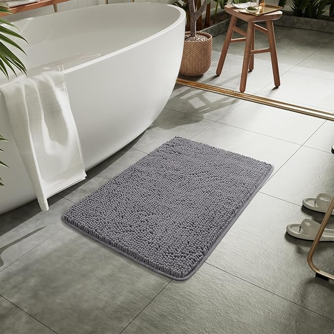LOCHAS Luxury Bathroom Rug Shaggy Bath Mat 20 x 30 Inch, Washable Non Slip Bath Rugs for Bathroom Shower, Soft Plush Chenille Absorbent Carpets Mats, Gray