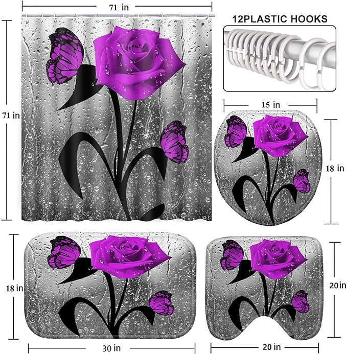 Poedist 4 Pcs Bathroom Shower Curtain Set,Purple Rose Bathroom Set, Shower Curtain Sets with Rugs(Bath Mat,U Shape and Toilet Lid Cover Mat) and 12 Hooks