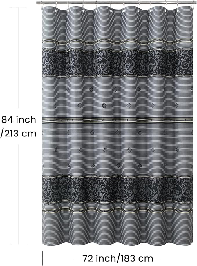 Extra Long Fabric Shower Curtain, Grey and Black Print Waterproof Shower Curtains for Bathroom, 72" W x 84" H