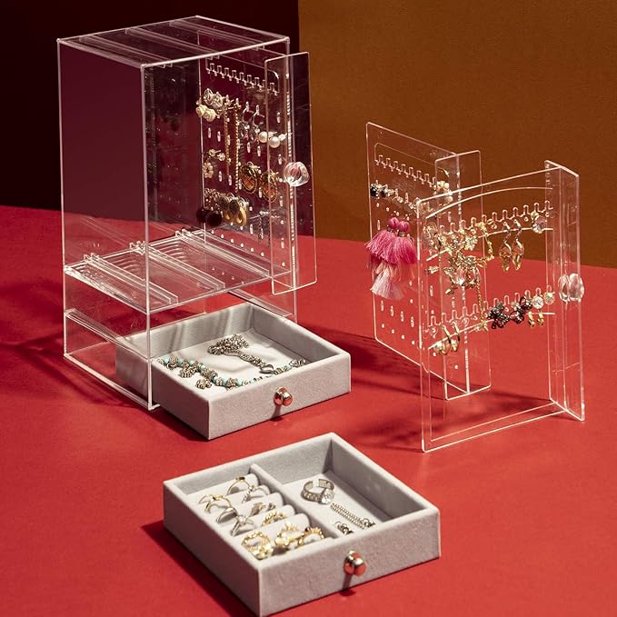 DOZZZ Acrylic Jewelry Organizer Box with 5 Drawers for Women, Clear Earring Holder Storage Display Stand Rack for Rings Necklace Bracelet