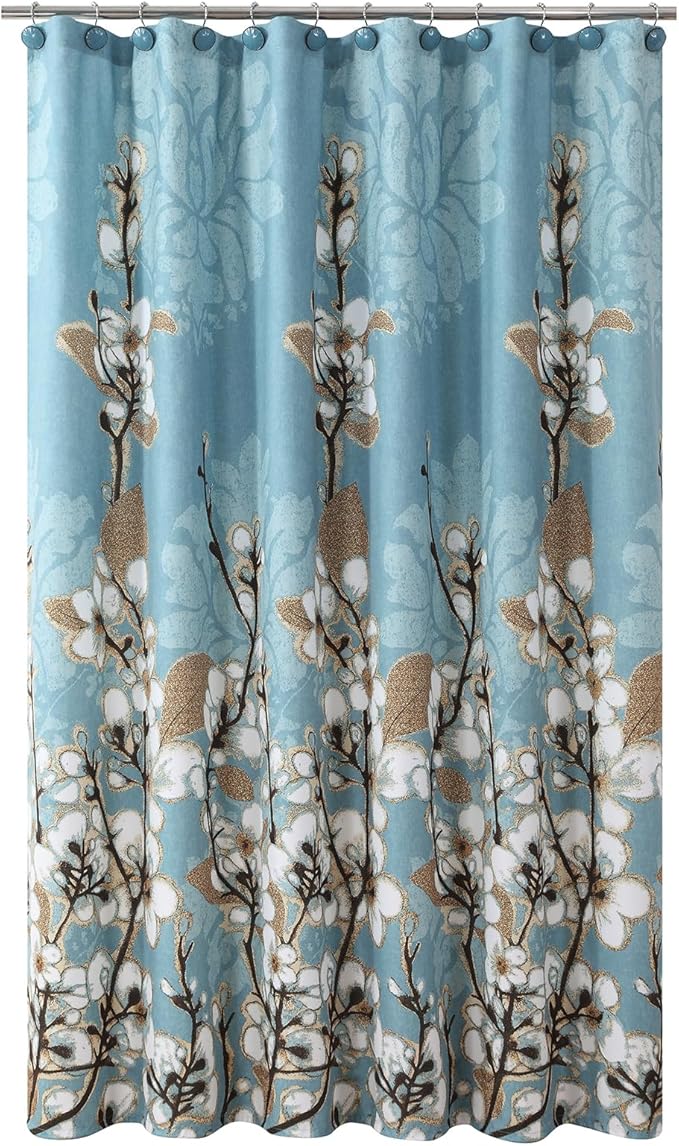 Blue Brown Floral Shower Curtain for Bathroom, Vintage Hanakotoba Flower Fabric Shower Curtains, Waterproof Botanical Shower Curtain, Retro Plant Print Bathroom Curtains, 62" W x 78" H