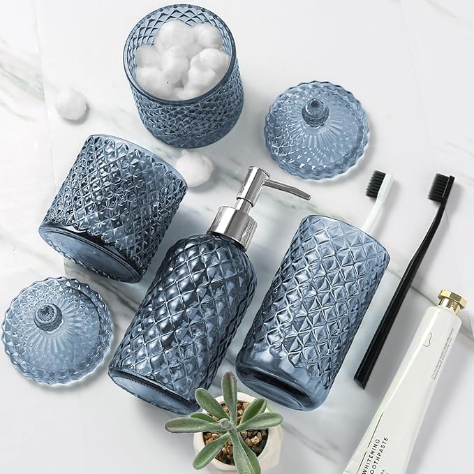 RYTOXILO Blue Bathroom Accessories Set, 4 Pack Light Blue Bathroom Decor Accessory Sets Complete, Diamond Glass Soap Dispenser and Toothbrush Holder Set for Bath Counter Organizer Essentials