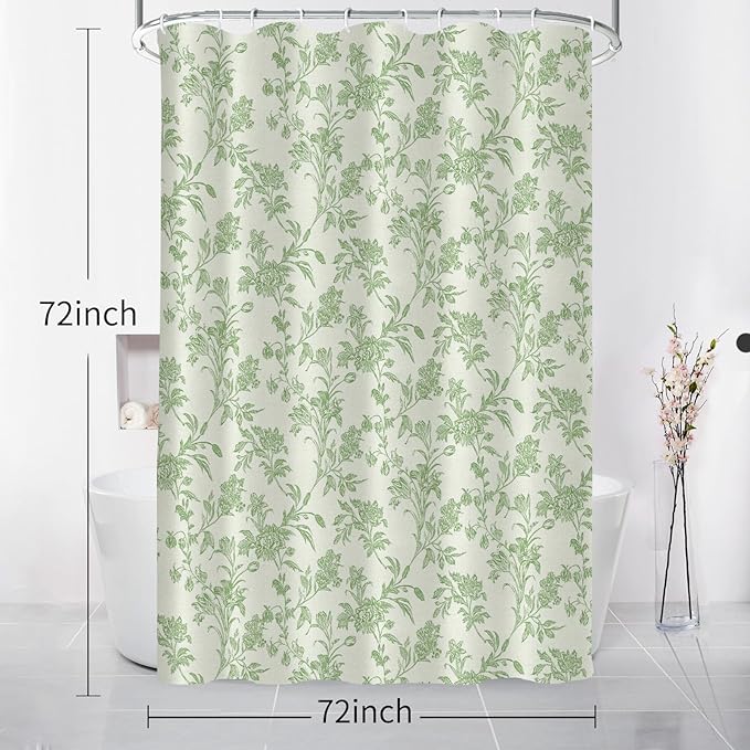 Seorsok Green Shower Curtain,Sage Cotton Floral Cottagecore,Elegant Floral Fabric Shower Curtain Machine Washable Waterproof Bathroom Decor 72'Wx72'L inches,Beige Green