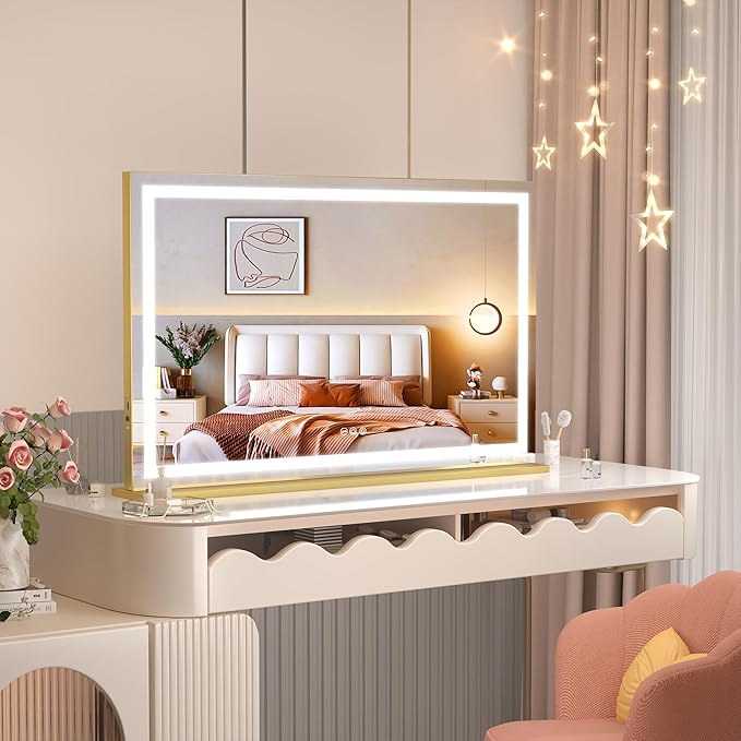 Hasipu Vanity Mirror with Lights, 32" x 24" LED Makeup Mirror, Lighted Makeup Mirror with Dimmable 3 Modes, Touch Screen Control Vanity Mirror Square Gold